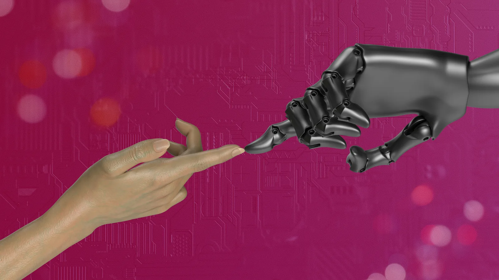 Iconic image of a human fingertip touching a sleek robotic hand, illustrating the critical human element behind strong EEAT that builds trust and authority for content in the age of AI SEO and generative search.