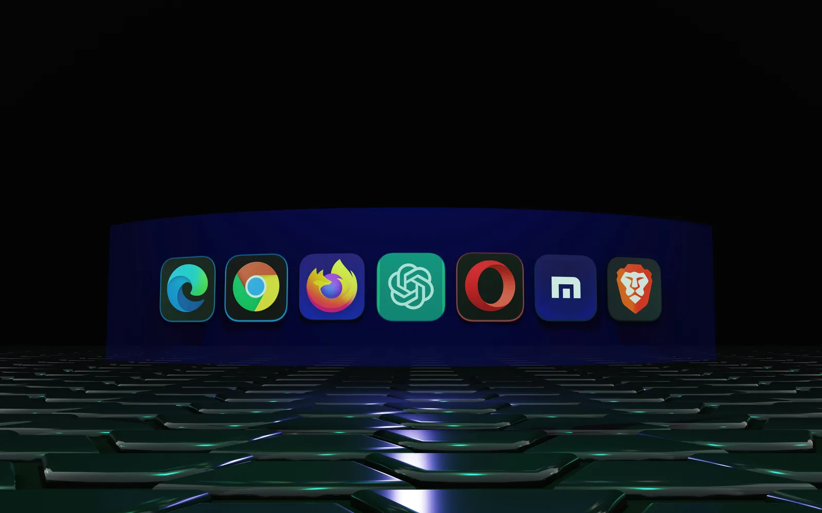 Futuristic display of major browser icons: Chrome, Edge, Firefox, Opera, Brave, and Arc, arranged on a curved blue screen against a metallic green grid background, highlighting the competitive landscape in the future of AI browsers.