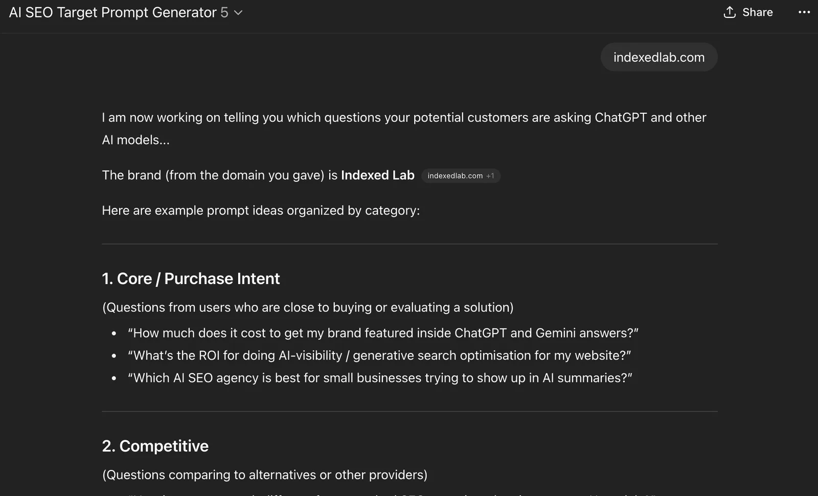 Screenshot of Indexed Lab AI SEO Target Prompt Generator showing purchase intent prompts for indexedlab.com
