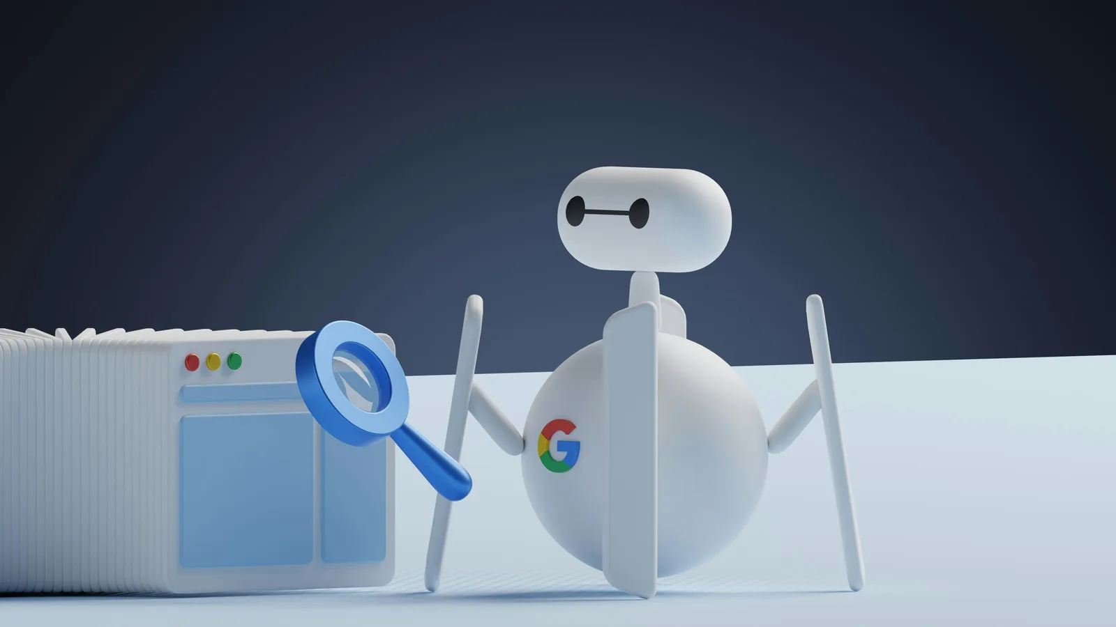 3D illustration of a Google robot using a magnifying glass representing AI search and Google Perspectives analysing diverse online content.