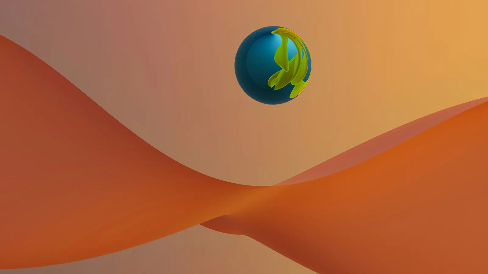 Abstract landscape with a glowing blue globe emerging from orange waves, symbolizing the horizon of the future of AI browsers.