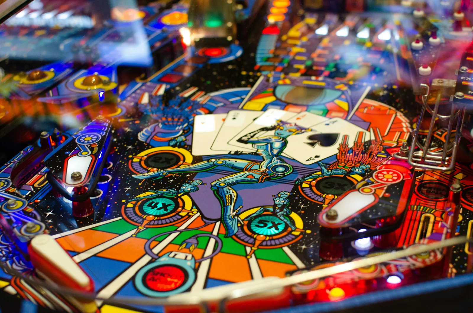 Colorful close-up of a retro sci-fi pinball machine symbolizing the fast-paced, unpredictable world of AI SEO where a strong EEAT strategy is essential to scoring high in generative search engines.
