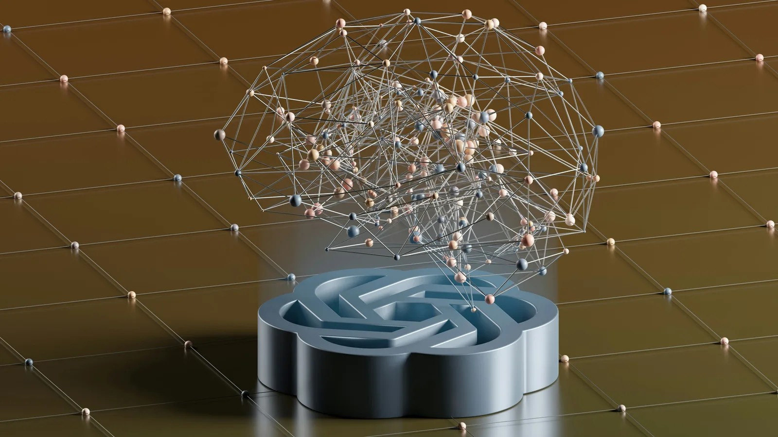 3D illustration of a neural network emerging from an AI logo, representing Indexed Lab’s framework for ranking brands in AI Overviews through advanced visibility optimisation.