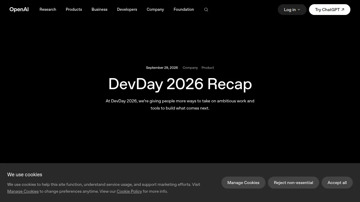 OpenAI's DevDay 2026 recap page, published September 29, 2026, listing the event's announcements, including plugin ranking and recommendations.