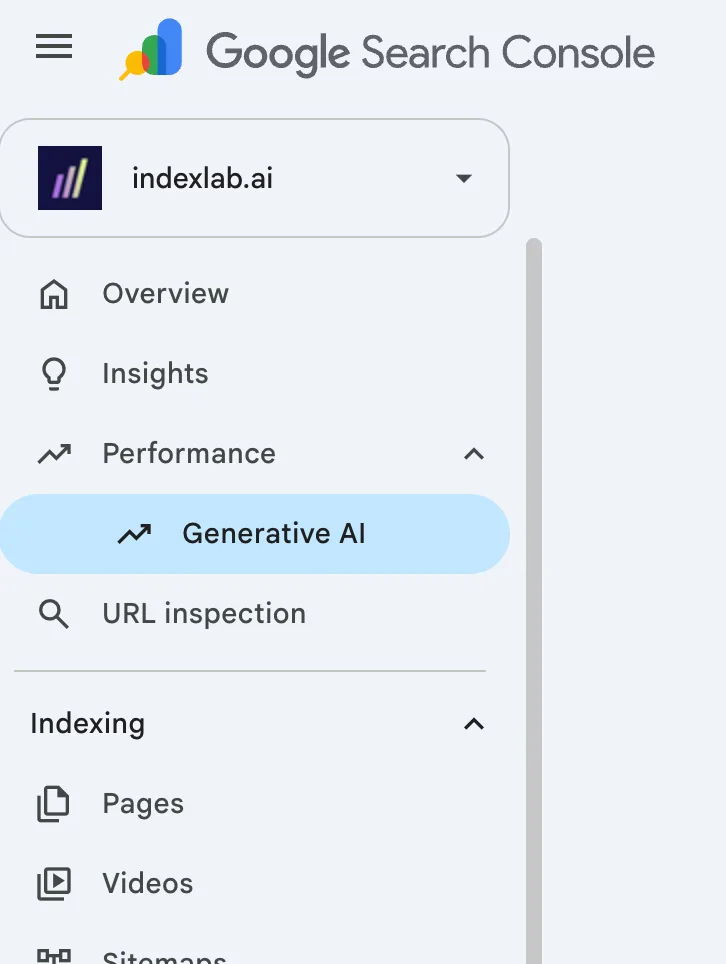 Google Search Console sidebar for the indexlab.ai property, with Generative AI selected under Performance