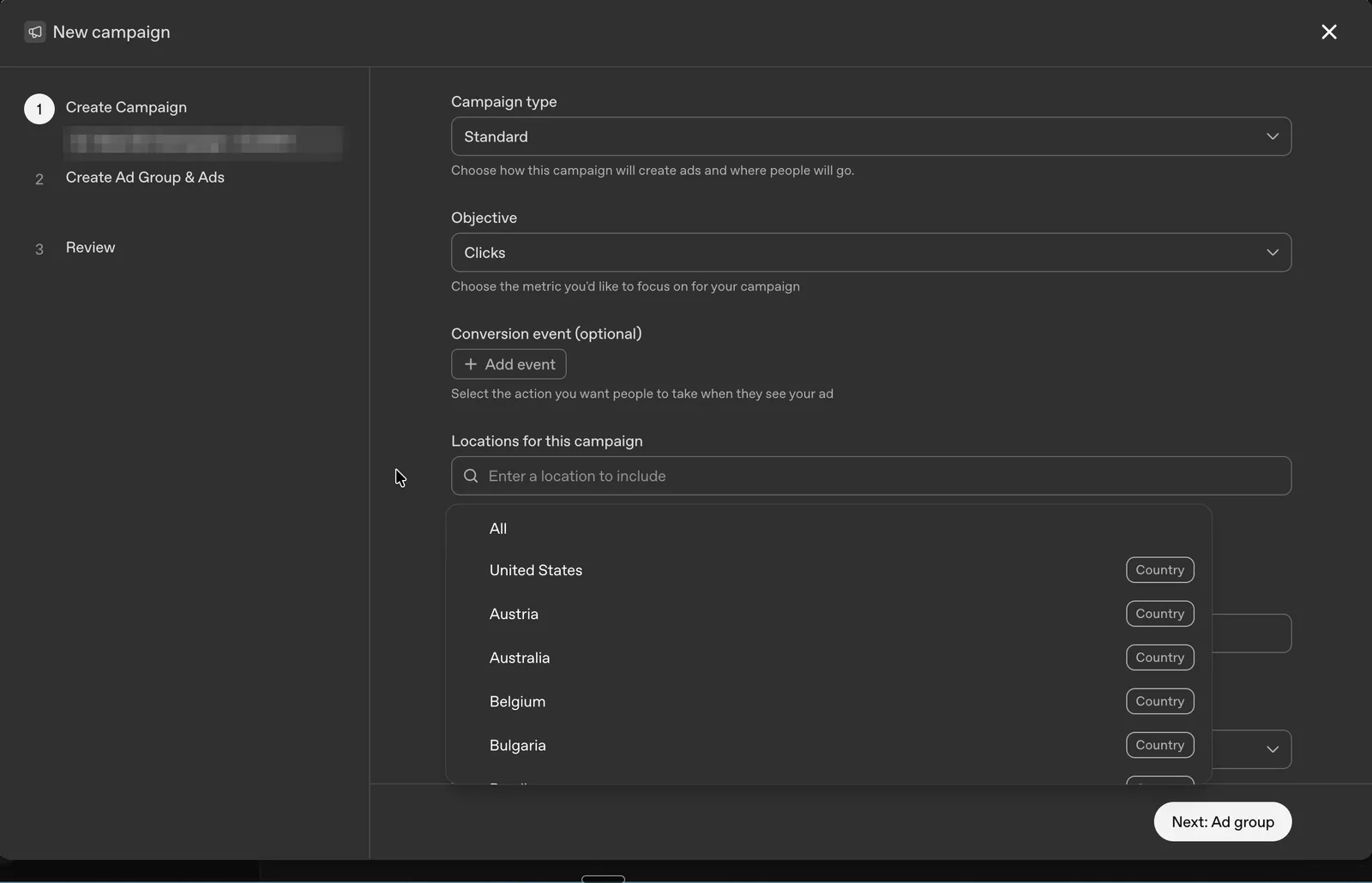 The top of the list: an All option, then the United States, Austria, Belgium and Bulgaria. Campaign name redacted.